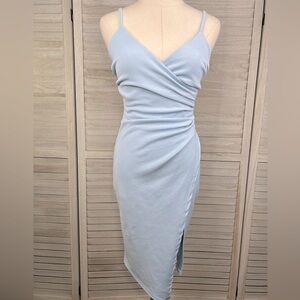 BOOHOO (Night) Strappy Wrap Pleated Bodycon Midi Dress Light Blue-4